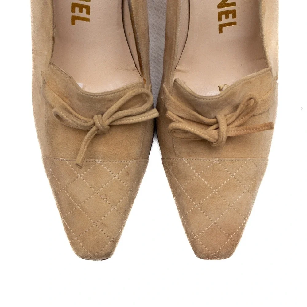 Vintage Chanel Beige Brown Quilted Cap Toe Suede Block‎ Heel PUMPS Size EU36/US6